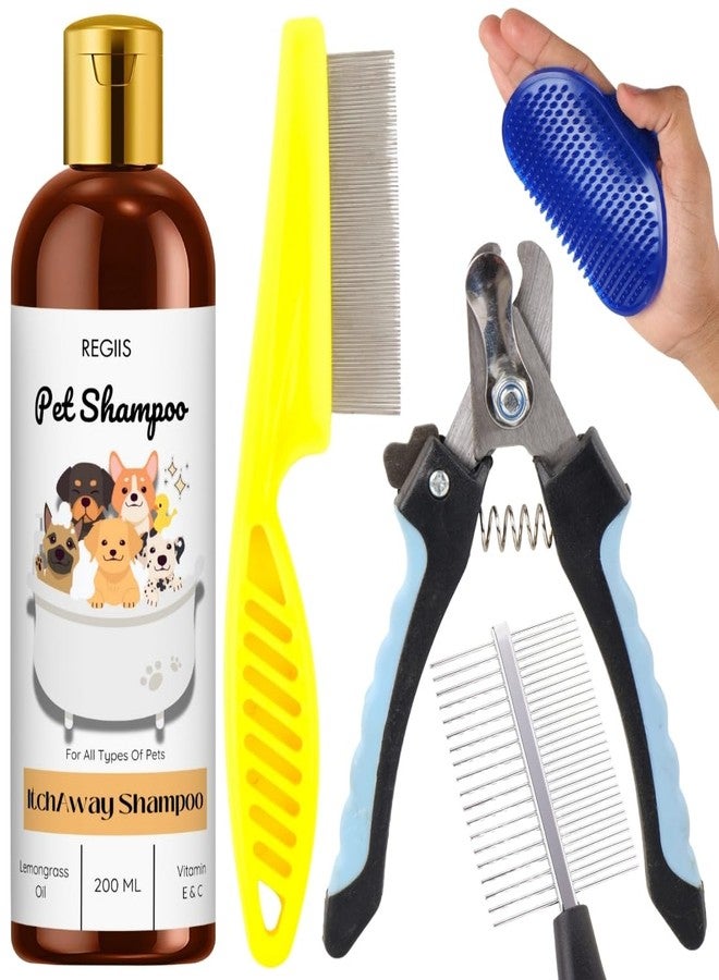 مجموعة ريجيس للعناية بالحيوانات الأليفة، مجموعة احترافية من 5 قطع مع شامبو مضاد للحكة 200 مل، مقص أظافر معدني، أمشاط للكلاب والقطط - Image 1